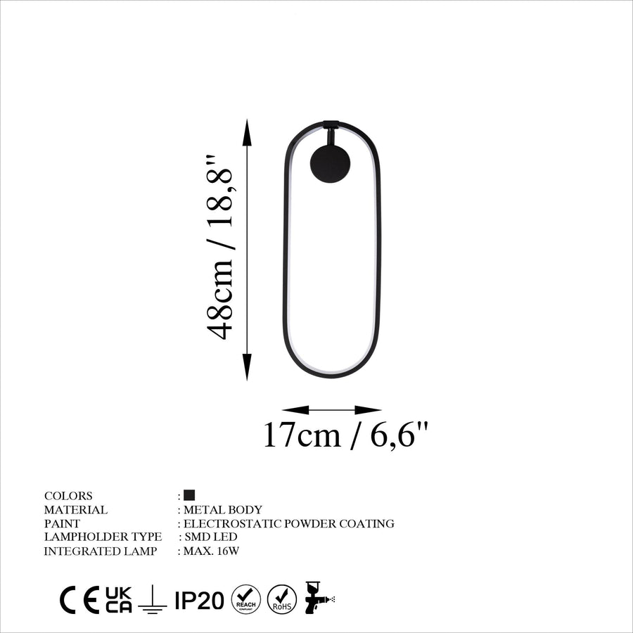 Oval LED Metal Aplik - Siyah