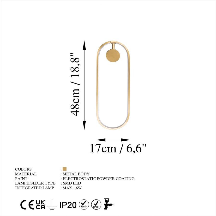 Oval LED Metal Aplik - Altın