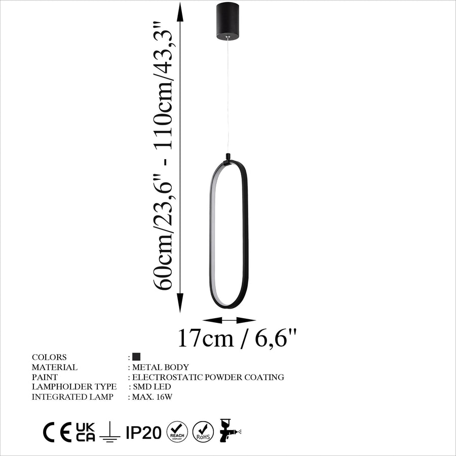 Oval LED Metal Tekli Sarkıt - Siyah