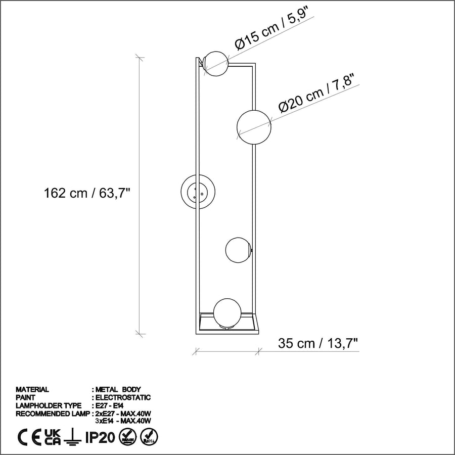 Küre Camlı 5'li Lambader Metal - Siyah