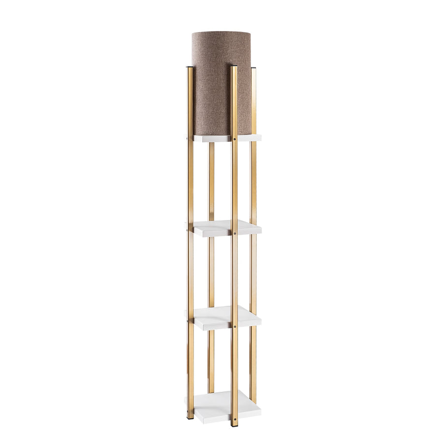 Raflı Lambader Metal Keten Abajurlu - Altın