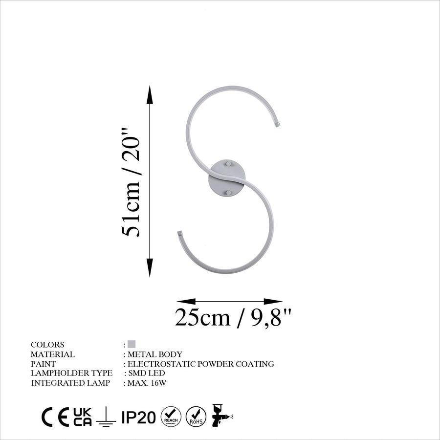S Form LED Tekli Aplik Metal - Gumus