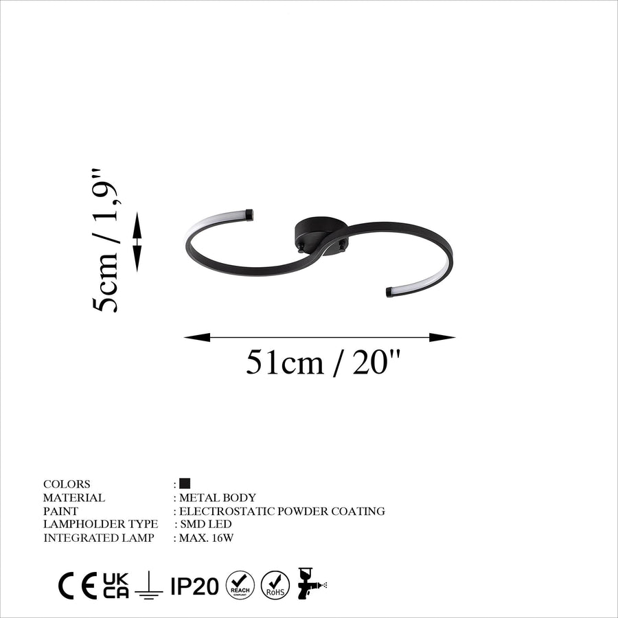 S Form LED Plafonyer Metal - Siyah