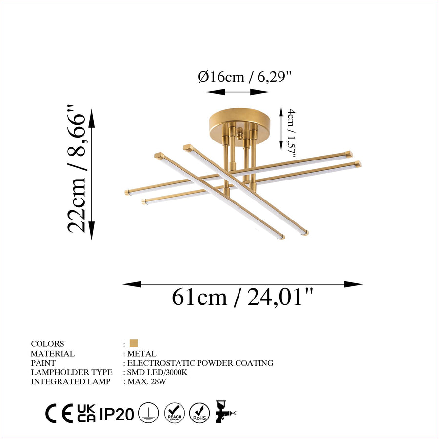 Çubuk Çapraz Metal Plafonyer - Altın