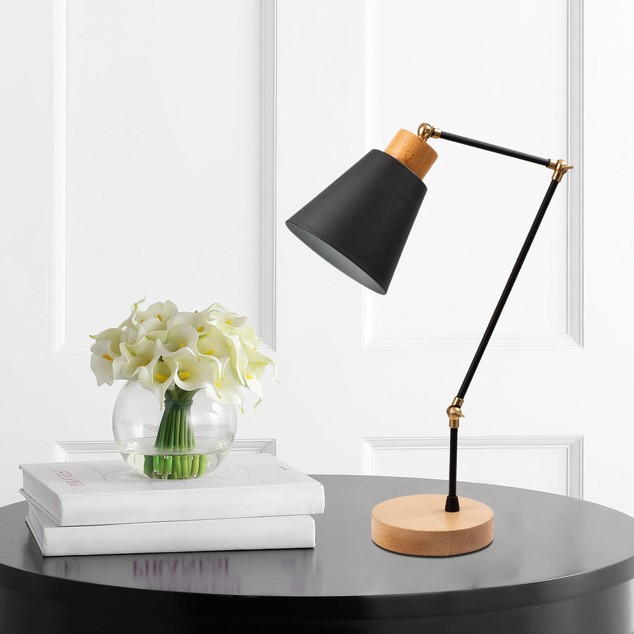 Mafsallı Metal Masa Lambası Ahşap Tabanlı - Siyah