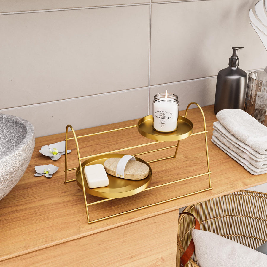 Altin Metal 2 Tepsi Katli Banyo Duzenleyici Standi - Altin