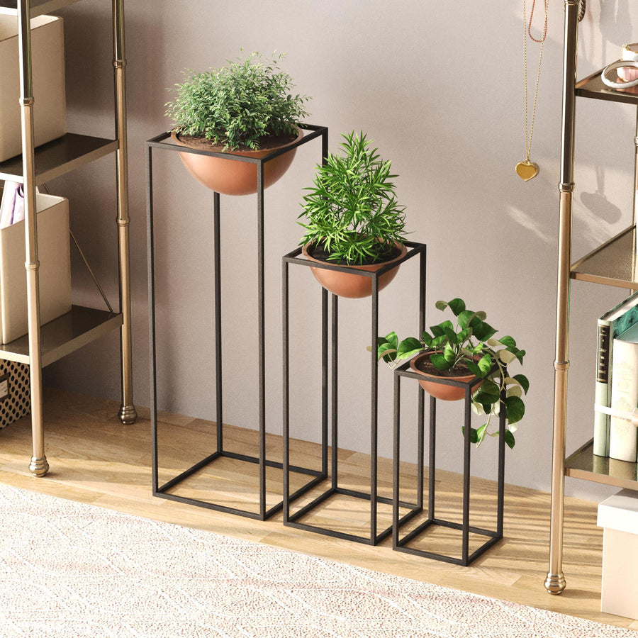 Siyah-Bakır Metal Saksılık 3'lü Set - Siyah