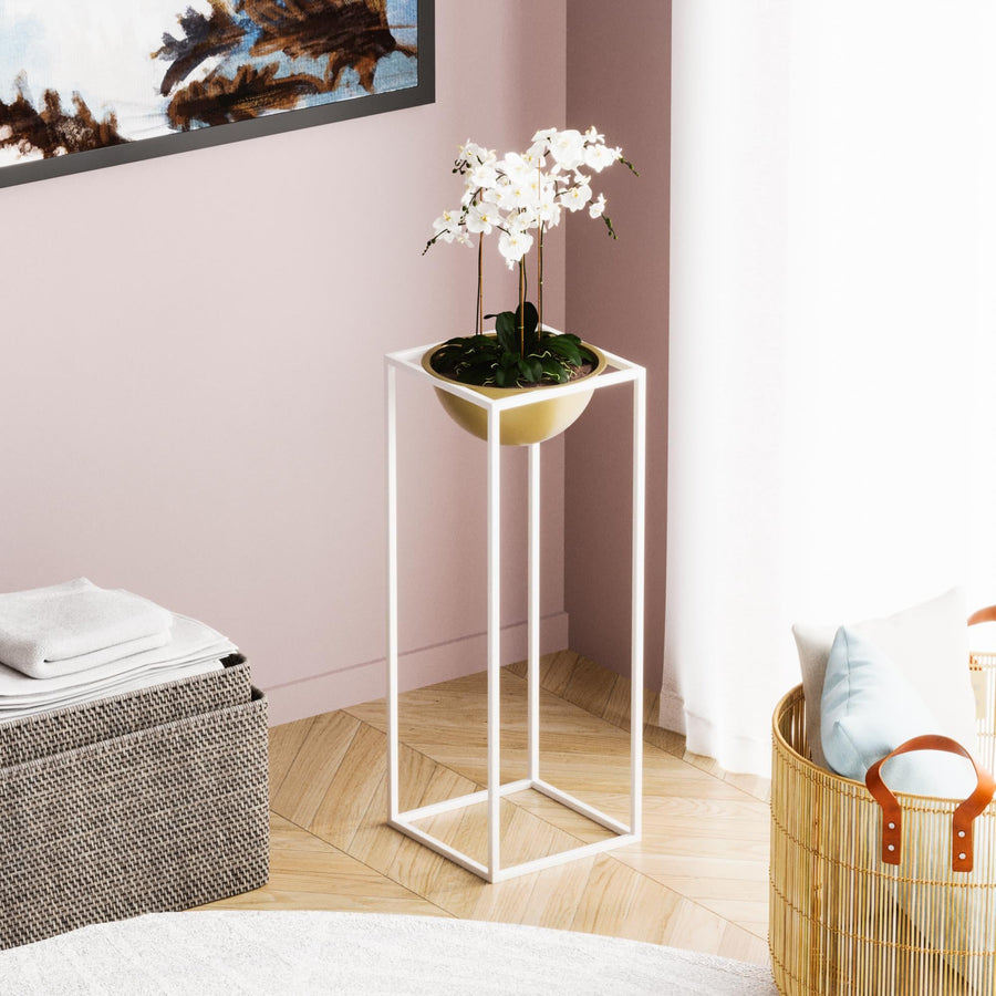 Beyaz-Altın Metal Saksılık Stand Kısa - Beyaz