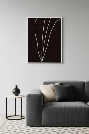 Beyaz Ahşap Çerçeveli Minimal Yaprak Desenli Tablo - Siyah Beyaz | Huhu1083