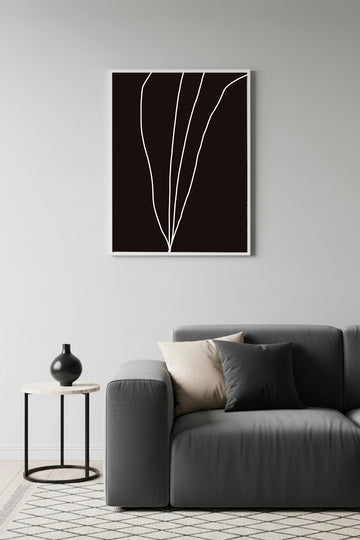 Beyaz Ahşap Çerçeveli Minimal Yaprak Desenli Tablo - Siyah Beyaz | Huhu1083