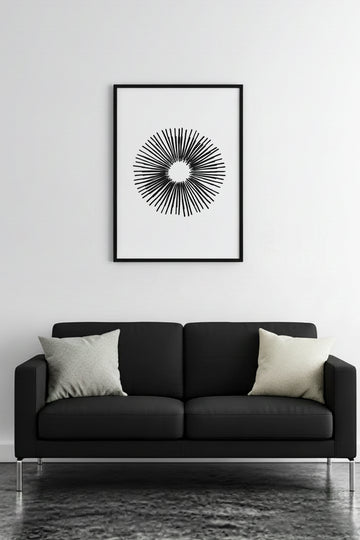 Doğal Ahşap Çerçeveli Minimalist Siyah Desenli Tablo - Geometrik | huhu1084