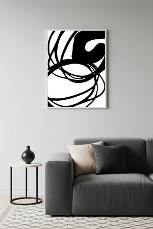 Beyaz Ahşap Çerçeveli Minimal Line Art Tablo - Siyah Beyaz | Huhu1085
