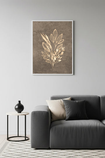 Beyaz Ahşap Çerçeveli Minimal Yaprak Desenli Tablo - Pastel Tonlar | Huhu1087