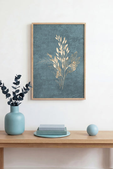 Doğal Ahşap Çerçeveli Minimal Yaprak Desenli Tablo - Mavi | huhu1089