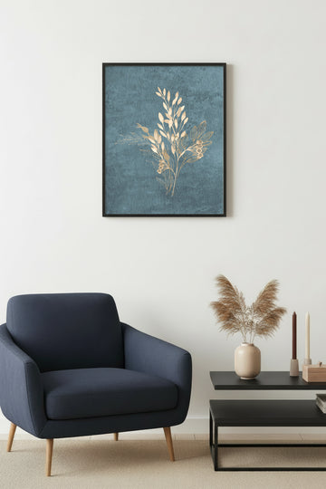 Doğal Ahşap Çerçeveli Minimal Yaprak Desenli Tablo - Mavi | huhu1089
