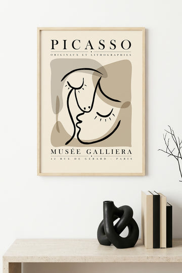 Doğal Ahşap Çerçeveli Minimalist Yüz Desenli Tablo - Pastel Tonlar | huhu1110