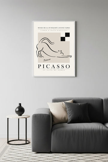 Beyaz Ahşap Çerçeveli Minimalist Kedi Desenli Tablo - Siyah-Beyaz | Huhu1115