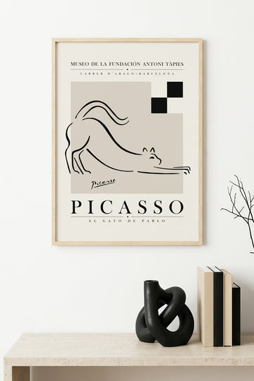Doğal Ahşap Çerçeveli Minimalist Kedi Desenli Tablo - Siyah-Beyaz | huhu1115