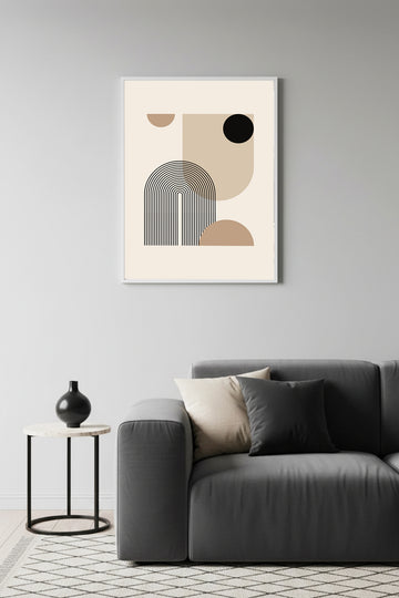 Beyaz Ahşap Çerçeveli Geometrik Desenli Tablo - Minimal Tonlar | Huhu1140