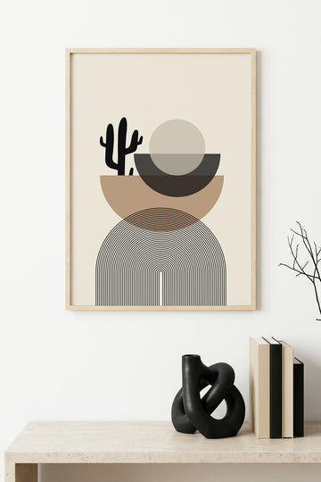 Doğal Ahşap Çerçeveli Minimalist Geometrik Tablo - Doğal Tonlar | huhu1144