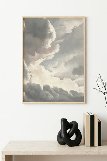 Doğal Ahşap Çerçeveli Soyut Bulut Desenli Tablo - Pastel Tonlar | huhu1169