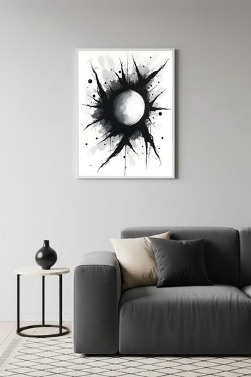 Beyaz Ahşap Çerçeveli Soyut Siyah-Beyaz Desenli Tablo - Minimal | Huhu1184