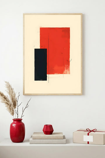 Doğal Ahşap Çerçeveli Soyut Kırmızı Siyah Desenli Tablo - Minimal | huhu1185