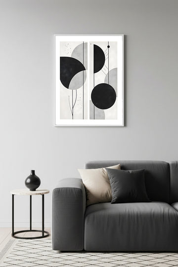 Beyaz Ahşap Çerçeveli Geometrik Siyah-Beyaz Desenli Tablo - Minimal | Huhu1188