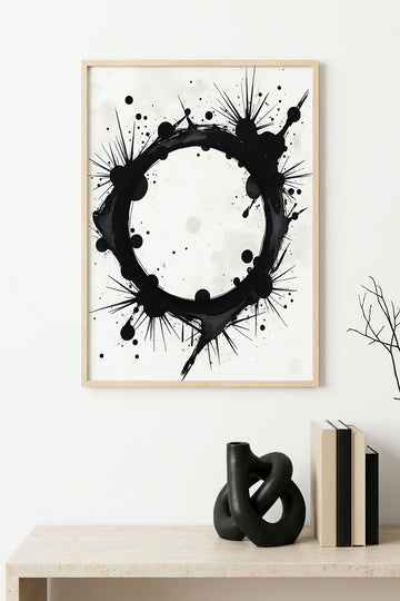 Doğal Ahşap Çerçeveli Soyut Siyah Desenli Tablo - Modern | huhu1190