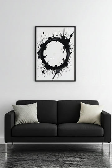 Doğal Ahşap Çerçeveli Soyut Siyah Desenli Tablo - Modern | huhu1190