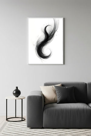 Beyaz Ahşap Çerçeveli Soyut Siyah Desenli Tablo - Minimal | Huhu1203