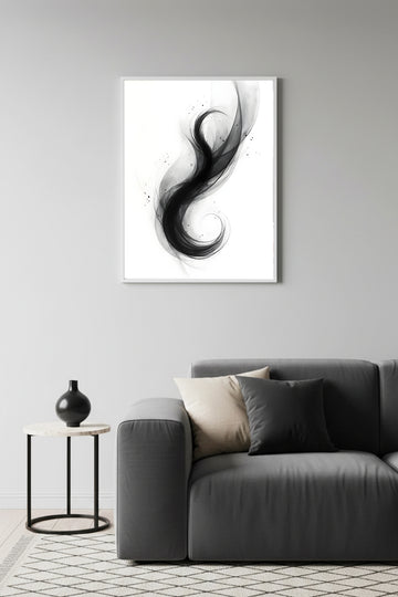 Beyaz Ahşap Çerçeveli Soyut Siyah Desenli Tablo - Minimal | Huhu1203