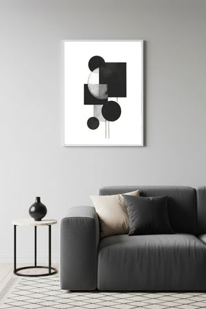 Beyaz Ahşap Çerçeveli Soyut Geometrik Desenli Tablo - Siyah-Beyaz | Huhu1208