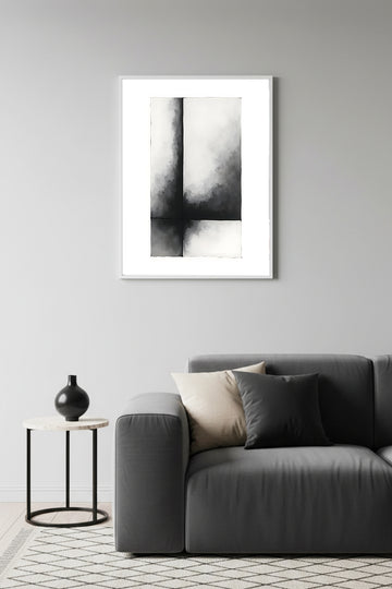 Beyaz Ahşap Çerçeveli Soyut Minimalist Tablo - Siyah-Beyaz | Huhu1209