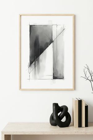 Doğal Ahşap Çerçeveli Soyut Minimalist Tablo - Siyah Beyaz | huhu1211