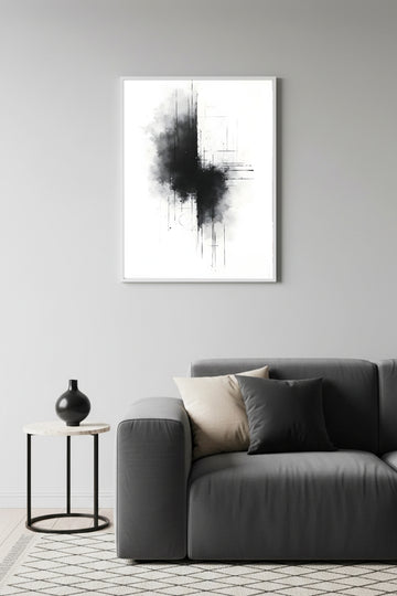 Beyaz Ahşap Çerçeveli Soyut Minimal Desenli Tablo - Siyah-Beyaz | Huhu1213