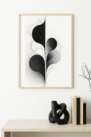 Doğal Ahşap Çerçeveli Minimal Siyah-Beyaz Desenli Tablo - Modern | huhu1221