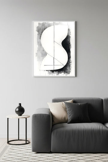Beyaz Ahşap Çerçeveli Soyut Minimalist Tablo - Siyah-Beyaz | Huhu1222