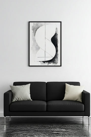Doğal Ahşap Çerçeveli Soyut Minimalist Tablo - Siyah-Beyaz | huhu1222