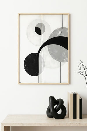 Doğal Ahşap Çerçeveli Geometrik Siyah Beyaz Desenli Tablo - Modern | huhu1224
