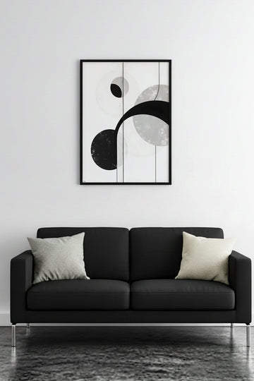 Doğal Ahşap Çerçeveli Geometrik Siyah Beyaz Desenli Tablo - Modern | huhu1224