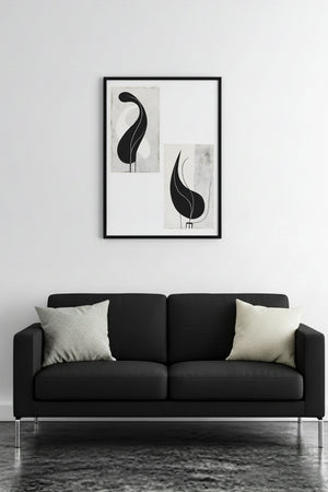 Doğal Ahşap Çerçeveli Minimal Siyah-Beyaz Desenli Tablo - Modern | huhu1225