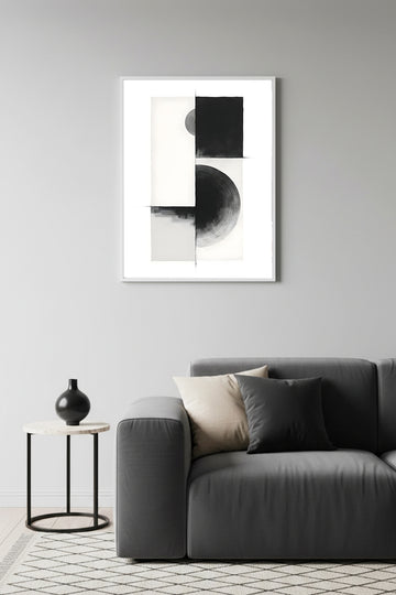 Beyaz Ahşap Çerçeveli Geometrik Siyah-Beyaz Desenli Tablo - Minimal | Huhu1228