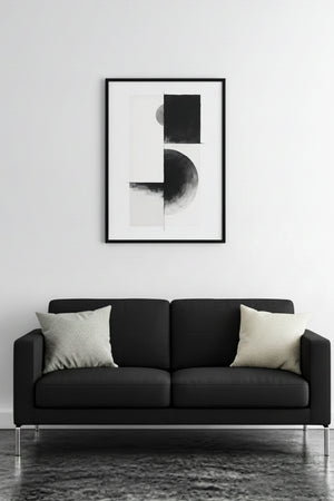 Doğal Ahşap Çerçeveli Geometrik Siyah-Beyaz Desenli Tablo - Minimal | huhu1228