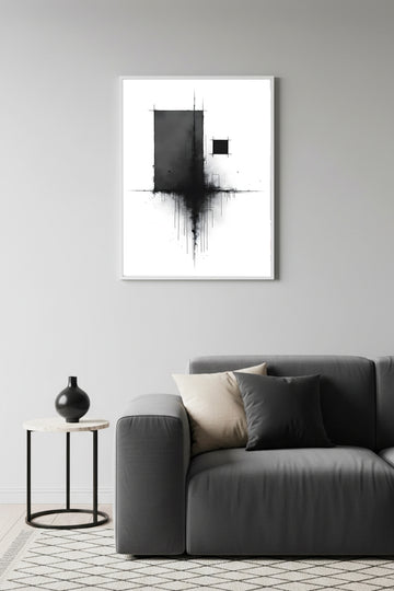 Beyaz Ahşap Çerçeveli Soyut Siyah-Beyaz Desenli Tablo - Minimal | Huhu1235
