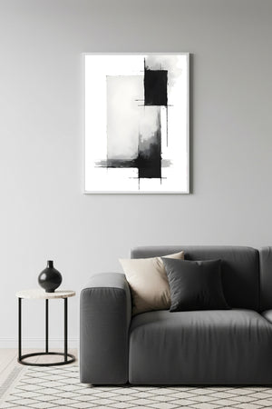 Beyaz Ahşap Çerçeveli Soyut Minimal Desenli Tablo - Siyah-Beyaz | Huhu1238