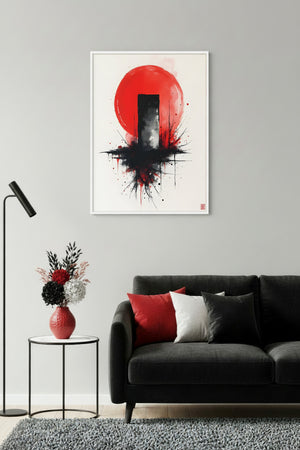 Beyaz Ahşap Çerçeveli Soyut Minimalist Tablo - Kırmızı-Siyah | Huhu1242