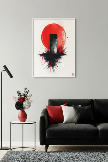 Beyaz Ahşap Çerçeveli Soyut Minimalist Tablo - Kırmızı-Siyah | Huhu1242