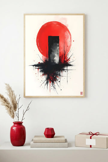 Doğal Ahşap Çerçeveli Soyut Minimalist Tablo - Kırmızı-Siyah | huhu1242