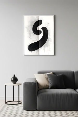 Beyaz Ahşap Çerçeveli Soyut Siyah Desenli Tablo - Minimal | Huhu1244